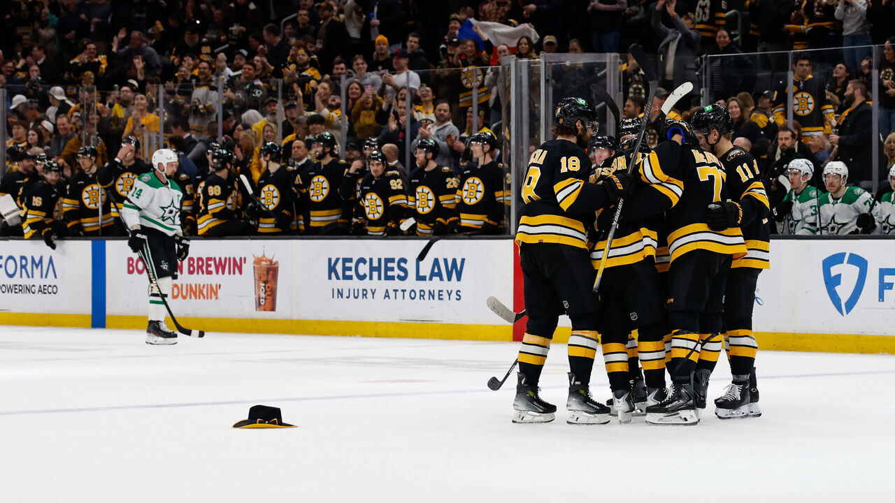 BOSTON, MASSACHUSETTS - MARCH 31: Viktor Arvidsson #71 of the Boston Bruins celebrates his third goal of the game for a hat trick with teammates Charlie McAvoy #73, Casey Mittelstadt #11, and Pavel Zacha #18 against the Dallas Stars during the third period at the TD Garden on March 31, 2026 in Boston, Massachusetts. The Bruins won 6-3.