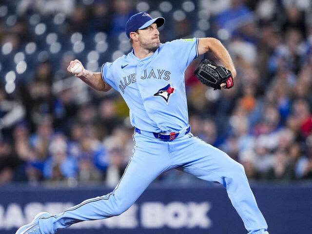 TORONTO, CANADA - MARCH 31: Max Scherzer #31 of the Toronto Blue Jays pitches to the Colorado Rockies during the first inning in their MLB game at the Rogers Centre on March 31, 2026 in Toronto, Ontario, Canada.