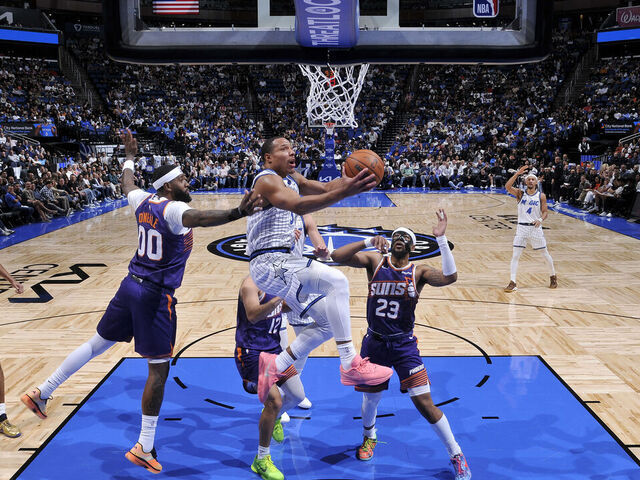 ORLANDO, FL - MARCH 31: Desmond Bane #3 of the Orlando Magic drives to the basket during the game against the Phoenix Suns on March 31, 2026 at Kia Center in Orlando, Florida. Mandatory Copyright Notice: Copyright 2026 NBAE