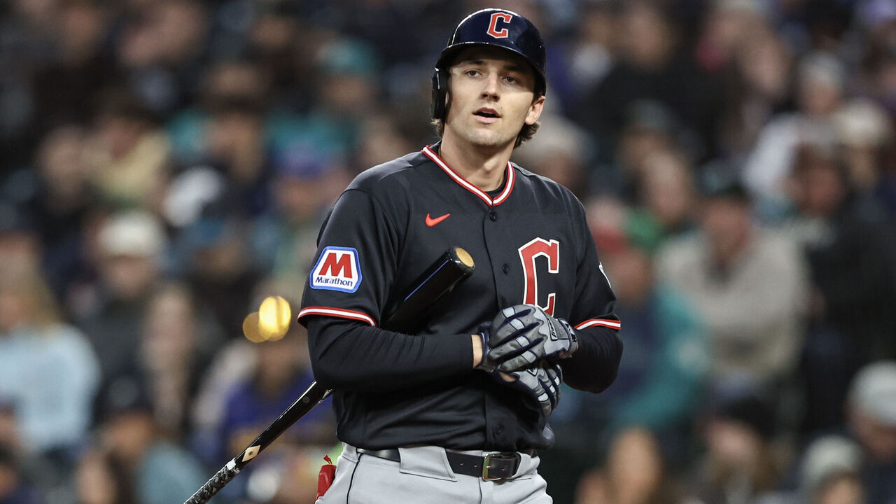 SEATTLE, WASHINGTON - MARCH 28: Chase DeLauter #24 of the Cleveland Guardians at bat against the Seattle Mariners at T-Mobile Park on March 28, 2026 in Seattle, Washington.