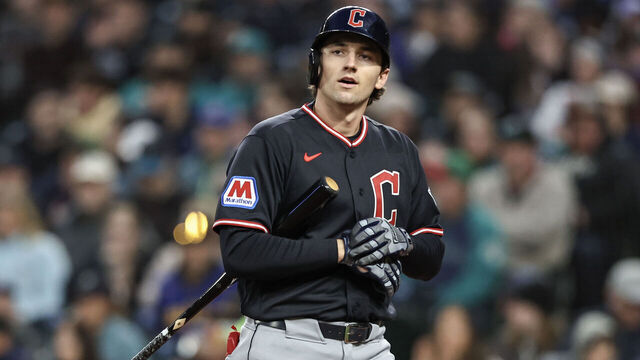 SEATTLE, WASHINGTON - MARCH 28: Chase DeLauter #24 of the Cleveland Guardians at bat against the Seattle Mariners at T-Mobile Park on March 28, 2026 in Seattle, Washington.