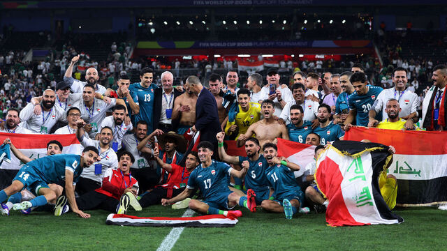 TOPSHOT - Iraq's players celebrate after winning the 2026 FIFA World Cup qualifiers final playoff football match between Iraq and Bolivia at the BBVA Stadium in Guadalupe, Nuevo Leon state, Mexico, on March 31, 2026.