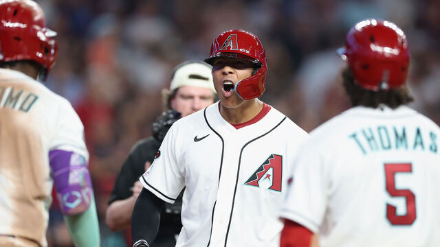 PHOENIX, ARIZONA - MARCH 31: Jose Fernandez #11 of the Arizona Diamondbacks reacts after hitting a two-run home run against the Detroit Tigers during the eighth inning of the MLB game at Chase Field on March 31, 2026 in Phoenix, Arizona. The Diamondbacks defeated the Tigers 7-5.