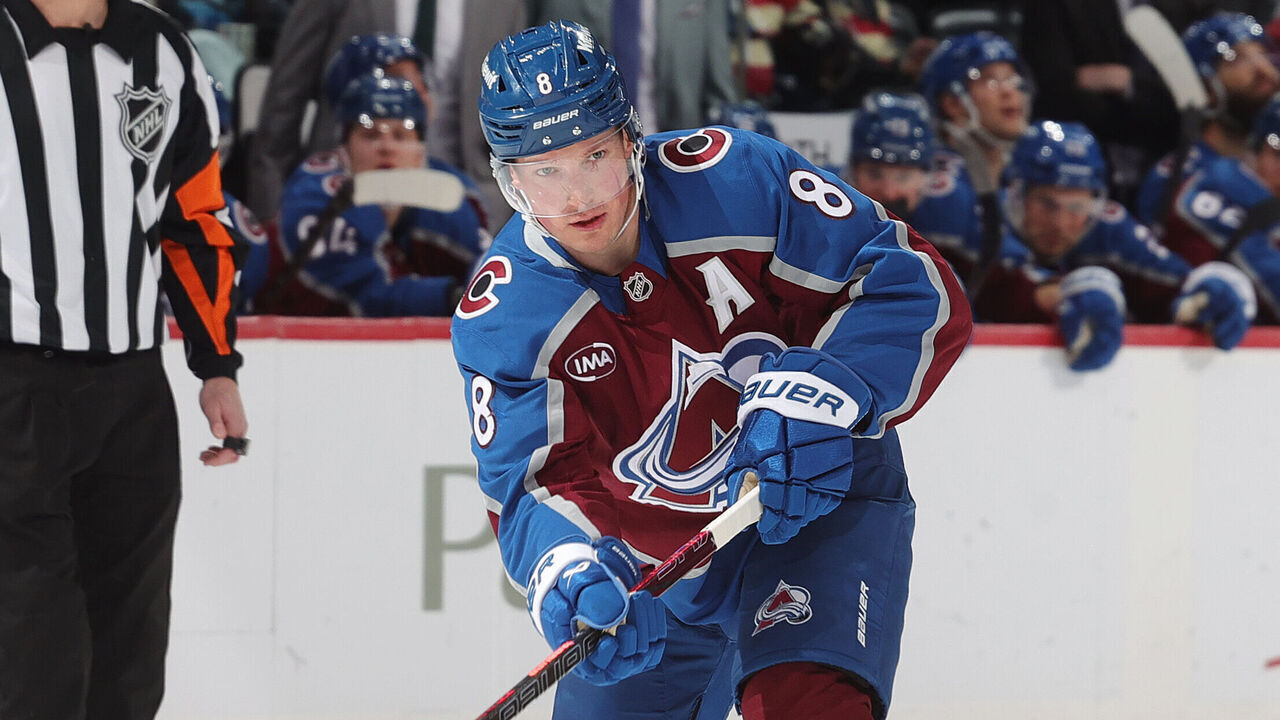 DENVER, COLORADO - MARCH 30: Cale Makar #8 of the Colorado Avalanche shoots against the Calgary Flames at Ball Arena on March 30, 2026 in Denver, Colorado.