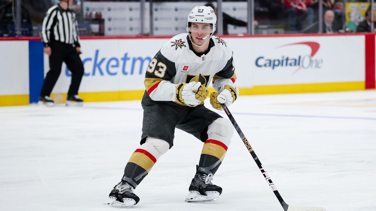 WASHINGTON, DC - FEBRUARY 27: Mitch Marner #93 of the Vegas Golden Knights skates against the Washington Capitals during the third period of the game at Capital One Arena on February 27, 2026 in Washington, DC.