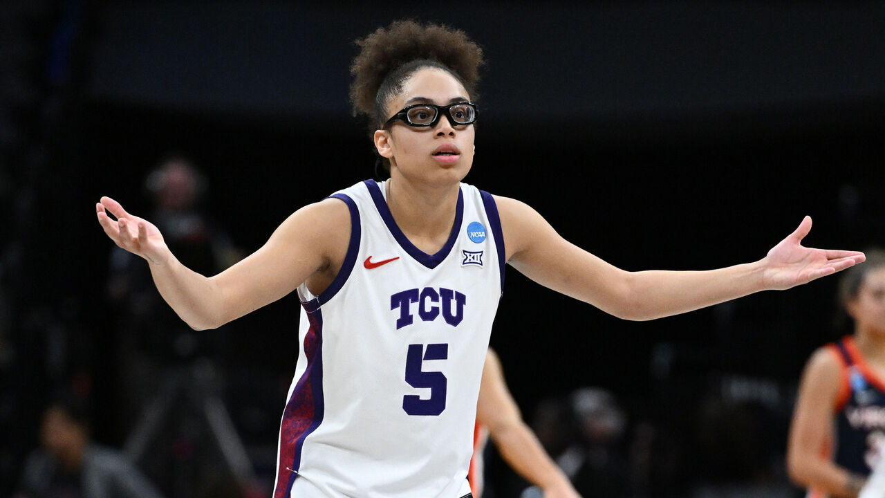 SACRAMENTO, CALIFORNIA - MARCH 28: Olivia Miles #5 of the TCU Horned Frogs reacts against the Virginia Cavaliers during the fourth quarter in the Sweet Sixteen of the 2026 NCAA Women's Basketball Tournament at Golden 1 Center on March 28, 2026 in Sacramento, California.