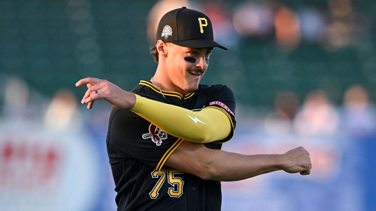 BRADENTON, FLORIDA - MARCH 20, 2026: Konnor Griffin #75 of the Pittsburgh Pirates warms up prior to a spring training Spring Breakout game against the Detroit Tigers at LECOM Park on March 20, 2026 in Bradenton, Florida.