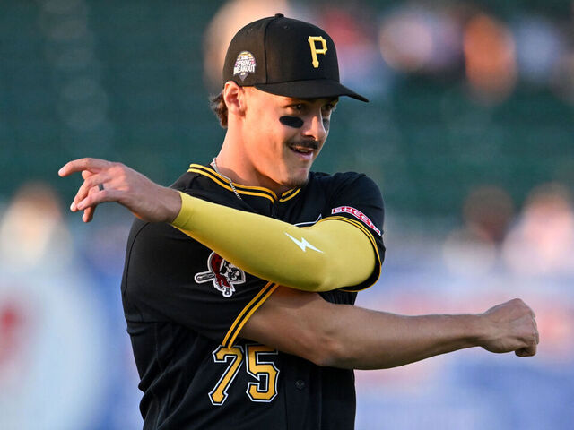 BRADENTON, FLORIDA - MARCH 20, 2026: Konnor Griffin #75 of the Pittsburgh Pirates warms up prior to a spring training Spring Breakout game against the Detroit Tigers at LECOM Park on March 20, 2026 in Bradenton, Florida.