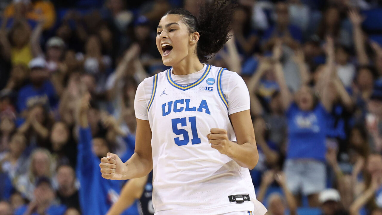 LOS ANGELES, CA - MARCH 21: Lauren Betts #51 of the UCLA Bruins reacts to a play during the California Baptist Lancers versus UCLA Bruins NCAA Women's Championship first round game on March 21, 2026, at Pauley Pavilion in Los Angeles, California.
