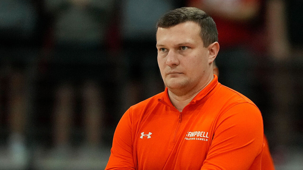 MADISON, WISCONSIN - NOVEMBER 03: Head coach John Andrzejek of the Campbell Fighting Camels looks on during the first half of the game against the Wisconsin Badgers at Kohl Center on November 03, 2025 in Madison, Wisconsin.
