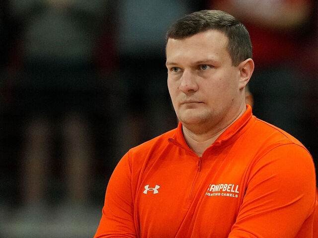 MADISON, WISCONSIN - NOVEMBER 03: Head coach John Andrzejek of the Campbell Fighting Camels looks on during the first half of the game against the Wisconsin Badgers at Kohl Center on November 03, 2025 in Madison, Wisconsin.