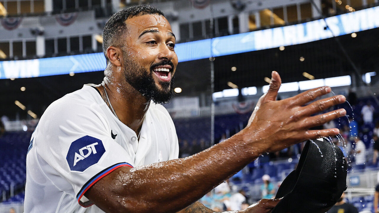 MIAMI, FLORIDA - APRIL 01:Sandy Alcantara #22 of the Miami Marlins reacts with teammates after pitching a complete game against the Chicago White Sox at loanDepot park on April 01, 2026 in Miami, Florida.