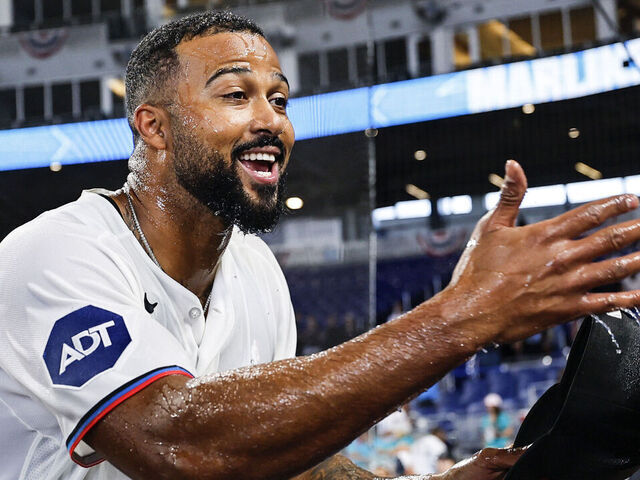 MIAMI, FLORIDA - APRIL 01:Sandy Alcantara #22 of the Miami Marlins reacts with teammates after pitching a complete game against the Chicago White Sox at loanDepot park on April 01, 2026 in Miami, Florida.