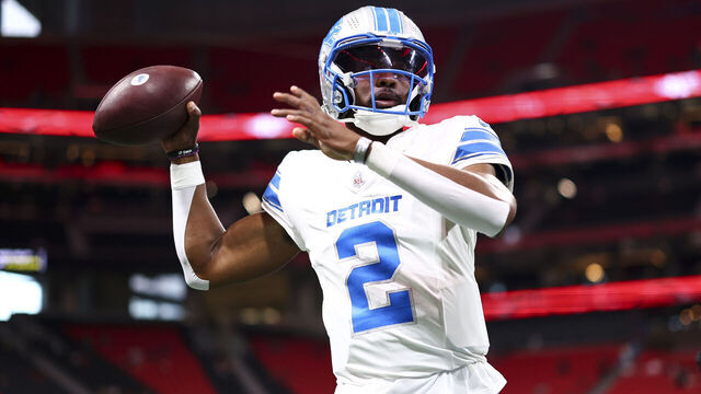 ATLANTA, GEORGIA - AUGUST 8: Hendon Hooker #2 of the Detroit Lions warms up prior to an NFL preseason football game against the Atlanta Falcons at Mercedes-Benz Stadium on August 8, 2025 in Atlanta, Georgia.