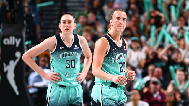 BROOKLYN, NY - JULY 22: Breanna Stewart #30 and Sabrina Ionescu #20 of the New York Liberty looks on during the game against the Indiana Fever during a WNBA game on July 22, 2025 at Barclays Center Arena in Brooklyn, New York. Mandatory Copyright Notice: Copyright 2025 NBAE