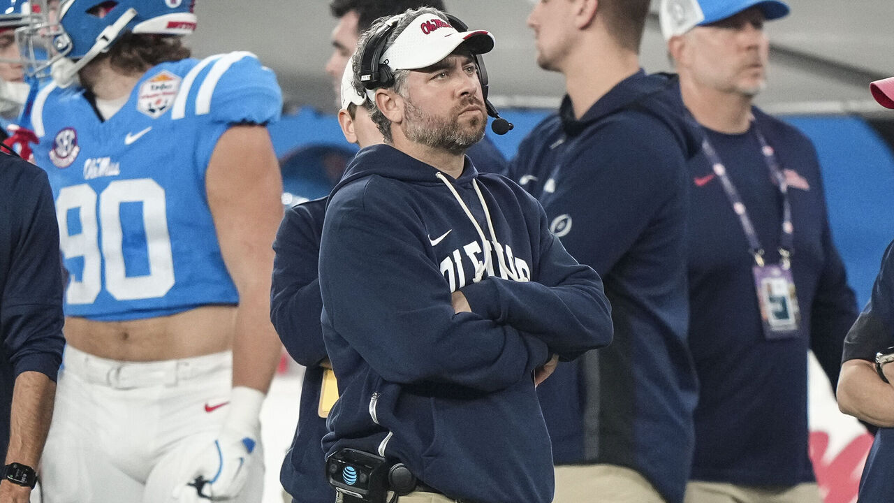 GLENDALE, ARIZONA - JANUARY 8: Pete Golding of the Ole Miss Rebels watches on the sideline during the second half of CFP Semifinal Vrbo Fiesta Bowl against the Miami Hurricanes at State Farm Stadium on January 8, 2026 in Glendale, Arizona.