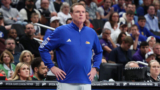 KANSAS CITY, MO - MARCH 12: Kansas Jayhawks head coach Bill Self looks on during a Big 12 game between the TCU Horned Frogs and the Kansas Jayhawks on March 12, 2026 at T-Mobile Center in Kansas City, MO.