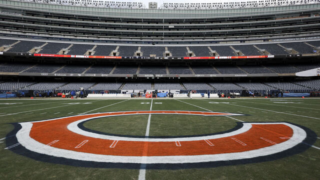 CHICAGO, ILLINOIS - JANUARY 18: A detail view of the Chicago Bears logo at Soldier Field prior to an NFL divisional playoff football game between the Chicago Bears and the Los Angeles Rams at Soldier Field on January 18, 2026 in Chicago, Illinois.