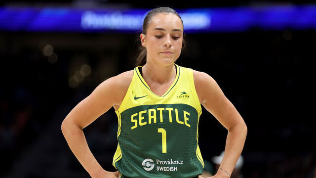 SEATTLE, WASHINGTON - JULY 12: Nika Muhl #1 of the Seattle Storm reacts during the fourth quarter against the Minnesota Lynx at Climate Pledge Arena on July 12, 2024 in Seattle, Washington.