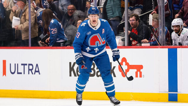 DENVER, COLORADO - APRIL 01: Nathan MacKinnon #29 of the Colorado Avalanche celebrates after scoring his 50th goal of the season during the first period against the Vancouver Canucks at Ball Arena on April 01, 2026 in Denver, Colorado.