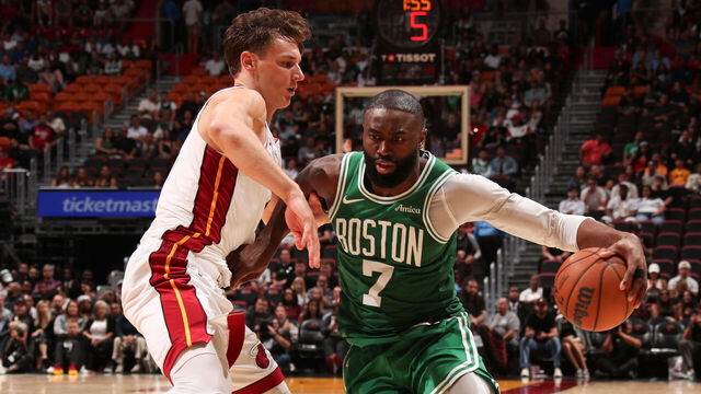 MIAMI, FL - APRIL 1: Jaylen Brown #7 of the Boston Celtics dribbles the ball during the game against the Miami Heat on April 1, 2026 at Kaseya Center in Miami, Florida. Mandatory Copyright Notice: Copyright 2026 NBAE