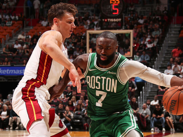 MIAMI, FL - APRIL 1: Jaylen Brown #7 of the Boston Celtics dribbles the ball during the game against the Miami Heat on April 1, 2026 at Kaseya Center in Miami, Florida. Mandatory Copyright Notice: Copyright 2026 NBAE