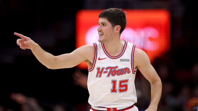 HOUSTON, TEXAS - APRIL 01: Reed Sheppard #15 of the Houston Rockets reacts after a three-point basket in the first half against the Milwaukee Bucks at Toyota Center on April 01, 2026 in Houston, Texas.