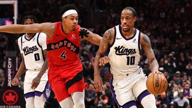 TORONTO, ON - April 1 In second half action, Scottie Barnes (4) of the Toronto Raptors shadows DeMar DeRozan (10) of the Sacramento Kings as he makes his way up court.The Toronto Raptors lost to the Sacramento Kings 115-123 in NBA basketball action at the Scotiabank Arena. April 1 2026 Richard Lautens/Toronto Star (Richard Lautens/Toronto Star via Getty Images)