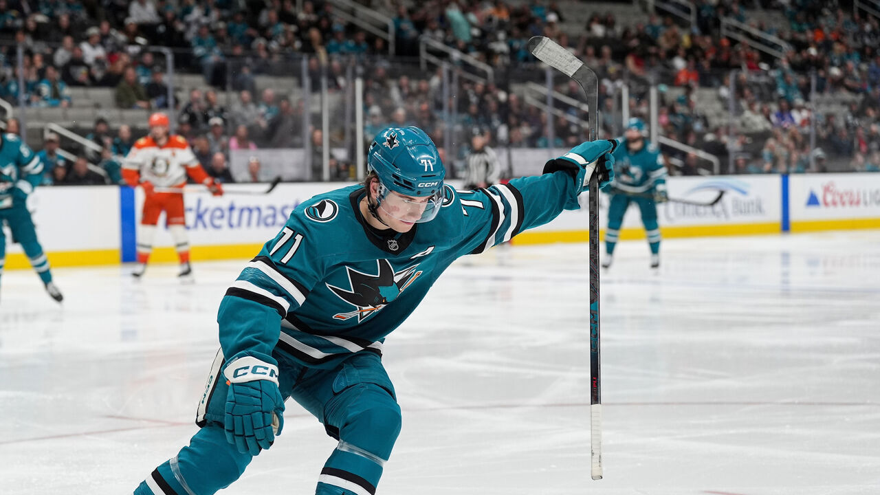 SAN JOSE, CA - APRIL 1: Macklin Celebrini #71 of the San Jose Sharks celebrates scoring a goal in the third period against the Anaheim Ducks at SAP Center on April 1, 2026 in San Jose, California.