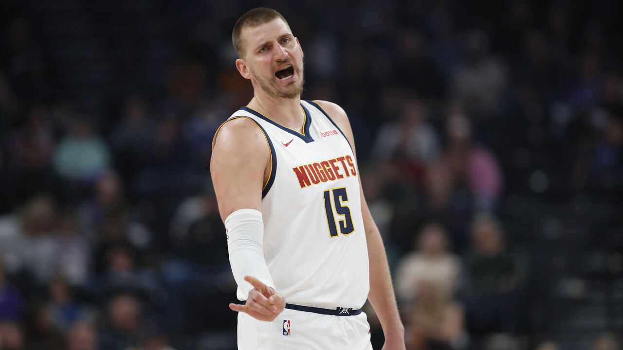 SALT LAKE CITY, UT - APRIL 1: Nikola Jokic #15 of the Denver Nuggets calls a play during the first half of a game against the Utah Jazz at the Delta Center on April 1, 2026 in Salt Lake City, Utah.