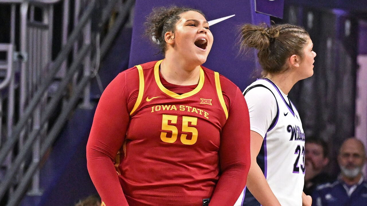 MANHATTAN, KS - MARCH 01: Audi Crooks #55 of the Iowa State Cyclones reacts after scoring a basket against the Kansas State Wildcats in the second half at Bramlage Coliseum on March 1, 2026 in Manhattan, Kansas.