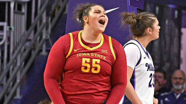 MANHATTAN, KS - MARCH 01: Audi Crooks #55 of the Iowa State Cyclones reacts after scoring a basket against the Kansas State Wildcats in the second half at Bramlage Coliseum on March 1, 2026 in Manhattan, Kansas.
