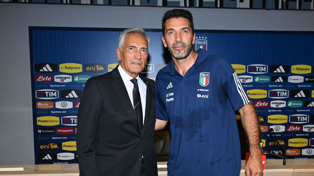 FLORENCE, ITALY - SEPTEMBER 04: President of FIGC Gabriele Gravina and Italy Head of Delegation Gianluigi Buffon pose for a photo at Centro Tecnico Federale di Coverciano on September 04, 2023 in Florence, Italy.