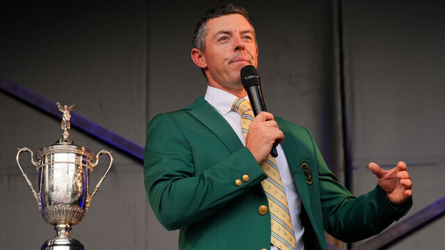 Rory McIlroy, sporting his Green Masters Jacket, speaks to the crowd in the spectator village at The K Club, Ireland. Picture date: Thursday September 4, 2025.