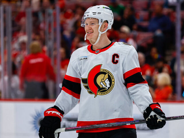 SUNRISE, FL - MARCH 31 : Ottawa Senators left wing Brady Tkachuk (7) looks on during a NHL game between the Ottawa Senators and the Florida Panthers on March 31, 2026 at Amerant Bank Arena in Sunrise, FL.