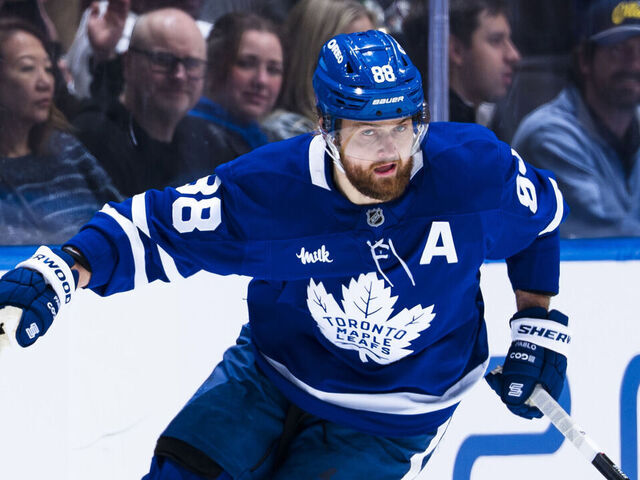 TORONTO, CANADA - MARCH 25: William Nylander #88 of the Toronto Maple Leafs skates against the New York Rangers during the third period in their NHL game at Scotiabank Arena on March 25, 2026 in Toronto, Ontario, Canada.