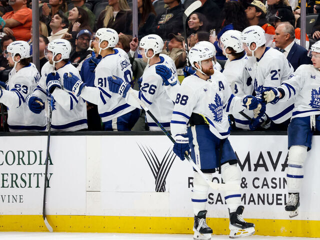 ANAHEIM, CA - MARCH 30: John Tavares #91 of the Toronto Maple Leafs celebrates his goal with teammates during the third period against the Anaheim Ducks at Honda Center on March 30, 2026 in Anaheim, California.