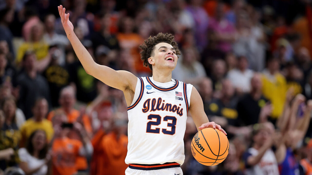 HOUSTON, TEXAS - MARCH 28: Keaton Wagler #23 of the Illinois Fighting Illini celebrates after defeating the Iowa Hawkeyes in the Elite Eight of the 2026 NCAA Men's Basketball Tournament at Toyota Center on March 28, 2026 in Houston, Texas.