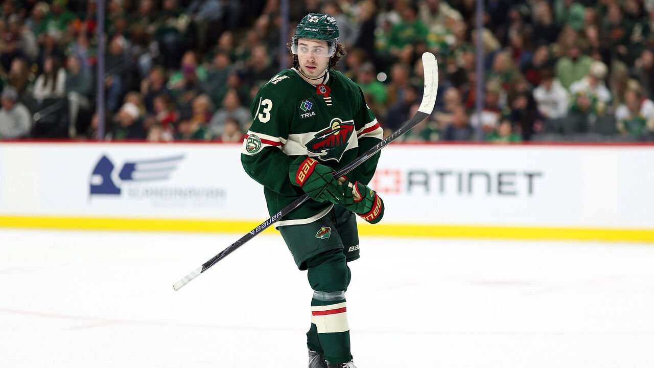 ST PAUL, MINNESOTA - MARCH 10: Quinn Hughes #43 of the Minnesota Wild looks on against the Utah Mammoth in the second period at Grand Casino Arena on March 10, 2026 in St Paul, Minnesota.