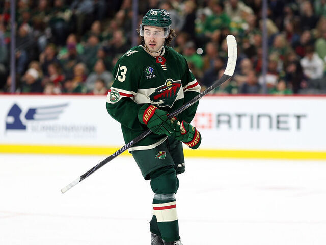 ST PAUL, MINNESOTA - MARCH 10: Quinn Hughes #43 of the Minnesota Wild looks on against the Utah Mammoth in the second period at Grand Casino Arena on March 10, 2026 in St Paul, Minnesota.