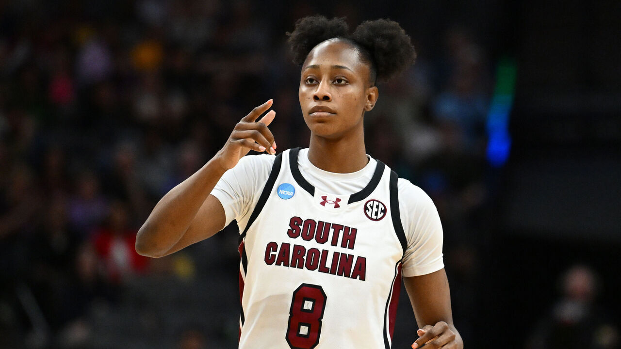 SACRAMENTO, CALIFORNIA - MARCH 30: Joyce Edwards #8 of the South Carolina Gamecocks looks on against the TCU Horned Frogs during the first quarter in the Elite Eight of the 2026 NCAA Women's Basketball Tournament at Golden 1 Center on March 30, 2026 in Sacramento, California.