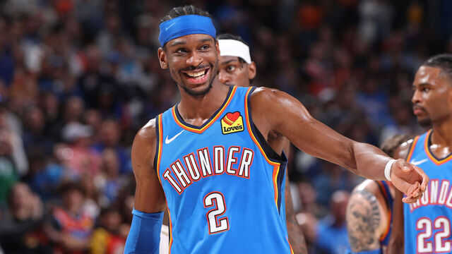 OKLAHOMA CITY, OK - APRIL 8: Shai Gilgeous-Alexander #2 of the Oklahoma City Thunder smiles during the game against the Los Angeles Lakers on April 8, 2025 at Paycom Center in Oklahoma City, Oklahoma. Mandatory Copyright Notice: Copyright 2025 NBAE