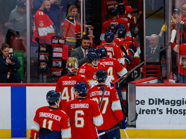 SUNRISE, FL - MARCH 31 : Florida Panther players leave the arena at the end of a NHL game between the Ottawa Senators and the Florida Panthers on March 31, 2026 at Amerant Bank Arena in Sunrise, FL.