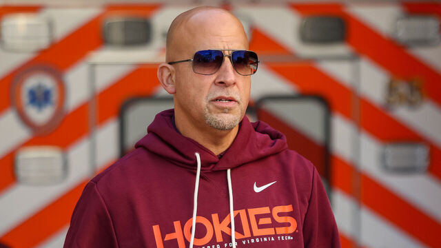 BLACKSBURG, VIRGINIA - NOVEMBER 22: Head coach James Franklin of the Virginia Tech Hokies walks on the field prior to the game against the Miami Hurricanes at Lane Stadium on November 22, 2025 in Blacksburg, Virginia.