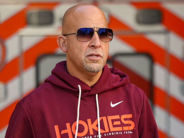 BLACKSBURG, VIRGINIA - NOVEMBER 22: Head coach James Franklin of the Virginia Tech Hokies walks on the field prior to the game against the Miami Hurricanes at Lane Stadium on November 22, 2025 in Blacksburg, Virginia.