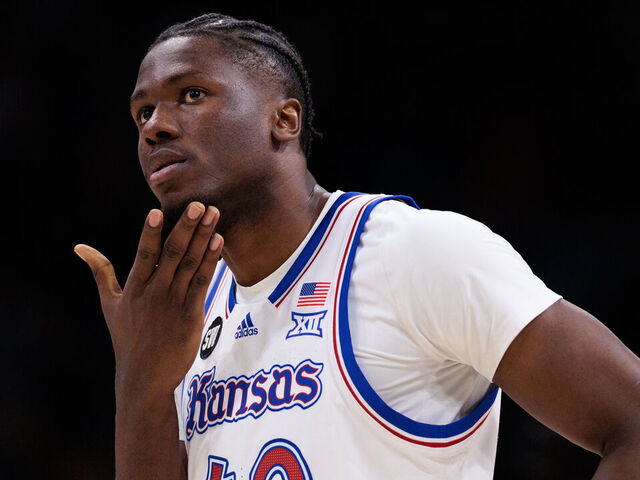 BOULDER, COLORADO - JANUARY 20: Flory Bidunga #40 of the Kansas Jayhawks looks on during the second half against the Colorado Buffaloes at the CU Events Center on January 20, 2026 in Boulder, Colorado.