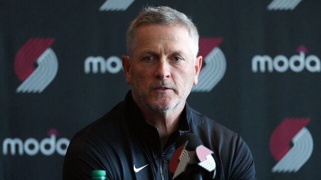PORTLAND, OREGON - APRIL 02: Owner Tom Dundon of the Portland Trail Blazers speaks during a press conference before a game against the New Orleans Pelicans at Moda Center on April 02, 2026 in Portland, Oregon.
