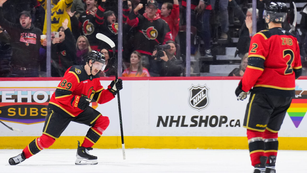 OTTAWA, CANADA - APRIL 02: Lars Eller #89 of the Ottawa Senators celebrates his third-period goal against the Buffalo Sabres at Canadian Tire Centre on April 02, 2026 in Ottawa, Ontario, Canada.