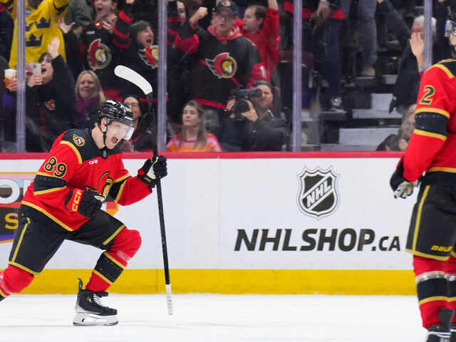 OTTAWA, CANADA - APRIL 02: Lars Eller #89 of the Ottawa Senators celebrates his third-period goal against the Buffalo Sabres at Canadian Tire Centre on April 02, 2026 in Ottawa, Ontario, Canada.