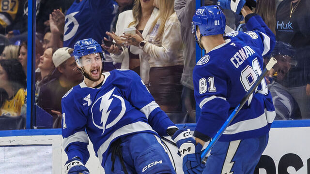 TAMPA, FL - APRIL 2: Anthony Cirelli #71 of the Tampa Bay Lightning celebrates a goal with teammate Erik Cernak #81 against the Pittsburgh Penguins at Benchmark International Arena on April 2, 2026 in Tampa, Florida.